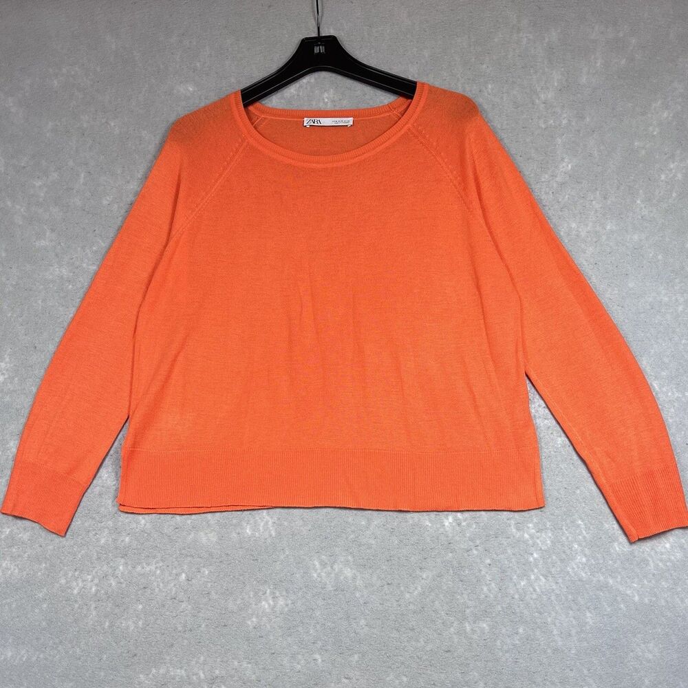 Zara Sweater Womens Size Medium Orange Crew Neck Lightweight Sweater Long Sleeve